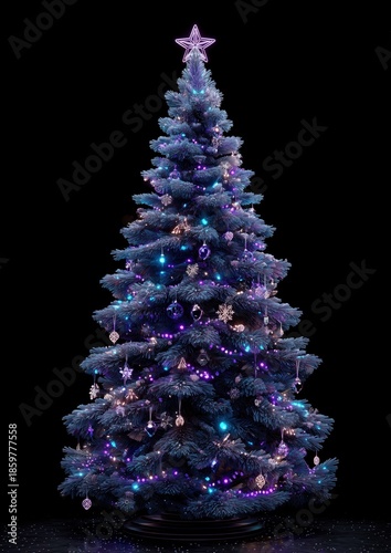 Large blue Christmas tree with lights on it