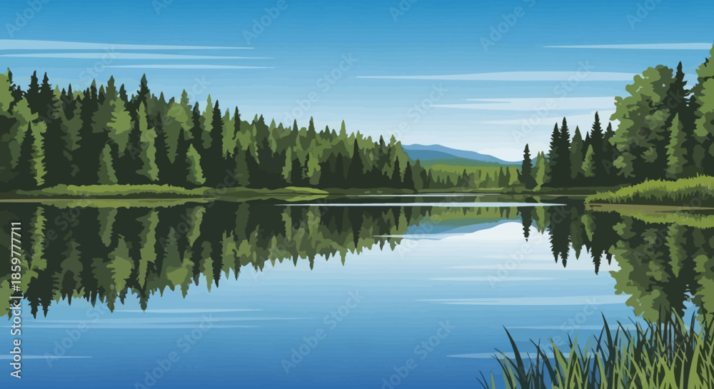 Obraz premium Serene forest lake reflecting the clear blue sky and lush green trees on a sunny day.