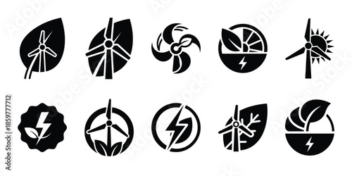 clean power eco icon set vector silhouette on transparent background. Ecology energy silhouette icons.