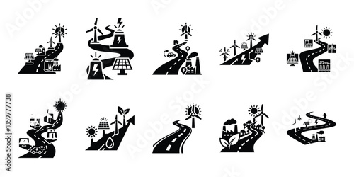 clean power roadmap icon set vector silhouette on transparent background. Ecology energy silhouette icons.