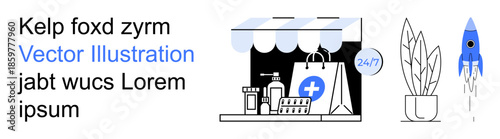Online shopping, healthcare services, delivery, e-commerce, pharmacy supplies, futuristic ideas. Medical storefront with products, rocket plant. Online shopping and healthcare services concept