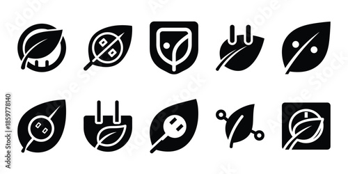 leaf power socket icon set vector silhouette on transparent background. Ecology energy silhouette icons.