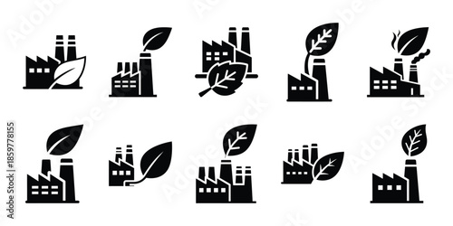 leaf powered factory icon set vector silhouette on transparent background. Ecology energy silhouette icons.