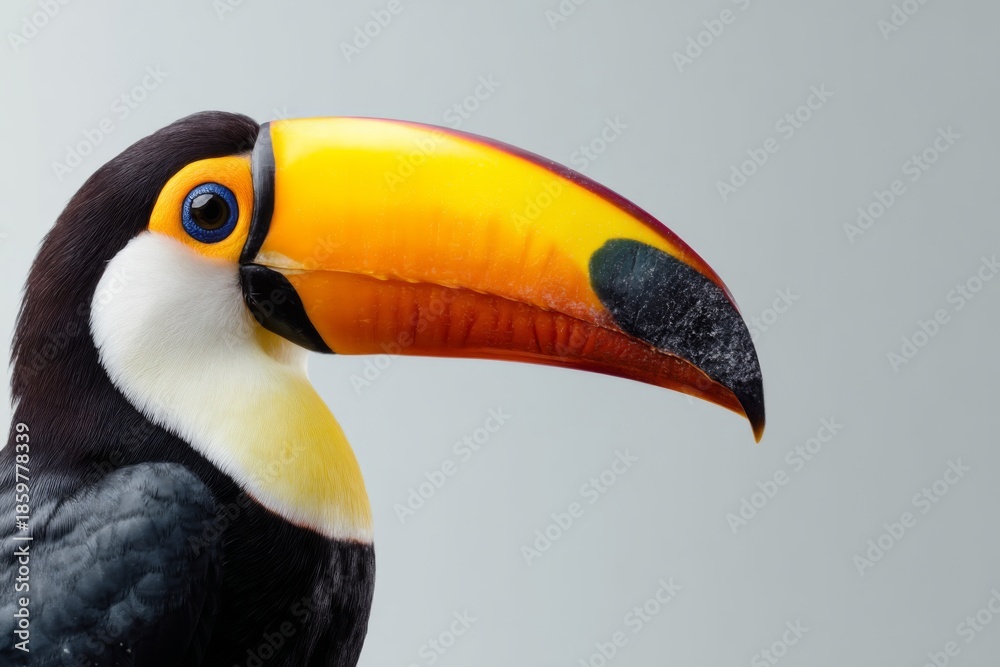 Naklejka premium A vibrant tropical toucan bird presents its distinctive large colorful beak and bright blue eye against a light background.