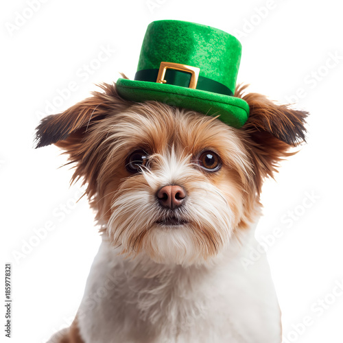 Dog Wears a Green Hat for Celebration in a Bright Setting With White Background