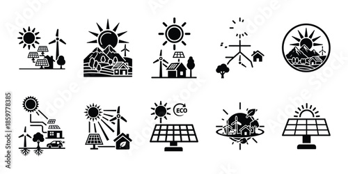 solar eco system icon set vector silhouette on transparent background. Ecology energy silhouette icons.