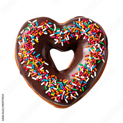 Heart Shaped Donut With Chocolate and Colorful Sprinkles on a White Background