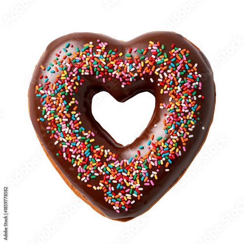 Heart Shaped Donut With Chocolate and Colorful Sprinkles on a White Background