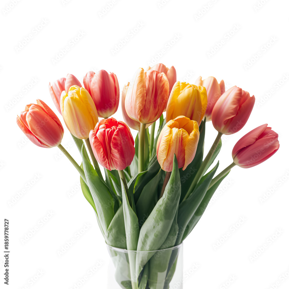 Naklejka premium Bright Tulips Arranged in a Clear Vase With Green Stems Under a Simple White Background