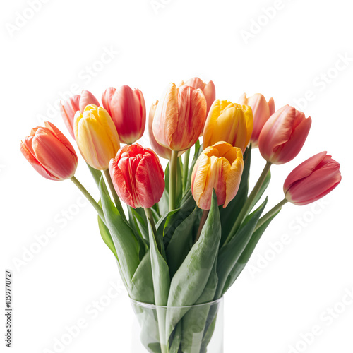 Bright Tulips Arranged in a Clear Vase With Green Stems Under a Simple White ...