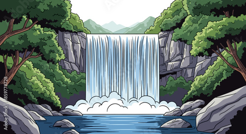 A vibrant cartoon illustration of a majestic waterfall cascading down rocky cliffs into a serene blue pool, surrounded by lush green trees and distant mountains under a clear sky.