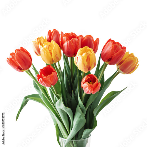Bright Tulips Arranged in a Clear Vase With Green Stems Under a Simple White ...
