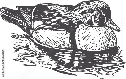 Hand drawn pen sketch of a wood duck floating on a pond illustrated in a vintage engraving style line art in vector