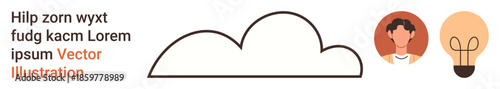 Cloud computing, personal identity, innovation, ideas, online collaboration, connectivity. Minimal line cloud, human figure and light bulb icons with text. Cloud computing and innovation concept