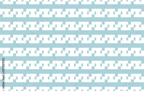 Seamless geometric pattern with pixel-style stepped shapes in soft pastel blue and white. Minimal abstract background by retro and digital design, perfect for textiles, packaging, wallpaper, web 