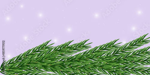 Realistic Christmas tree with green fir branches, light effects, “Merry Christmas” vector, vector illustration, red Christmas card