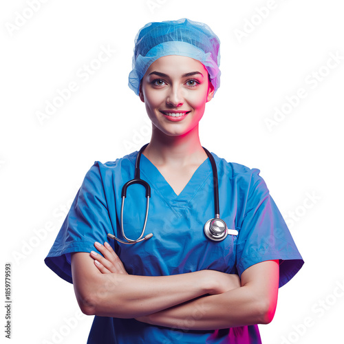 Smiling Female Healthcare Worker With Stethoscope Standing With Arms Crossed