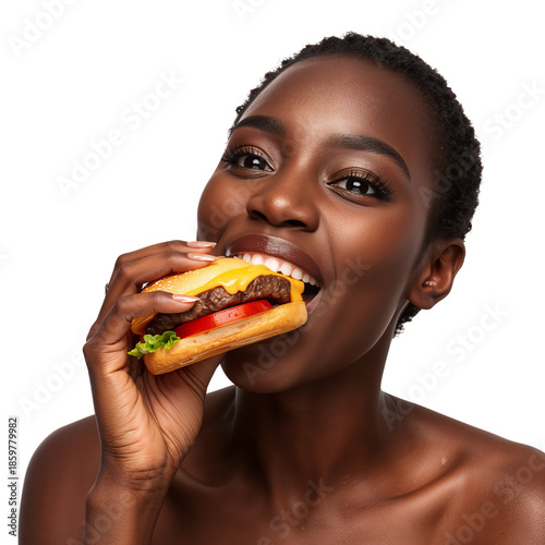 Woman Enjoying a Large Burger With Lettuce and Cheese in a Bright Setting