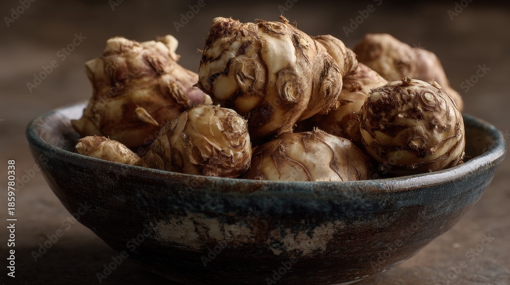 Fototapeta premium A ceramic bowl filled with fresh, raw Jerusalem artichokes, also known as sunchokes, placed on a rustic surface. This root vegetable is known for its nutty flavor and is a versatile ingredient in culi
