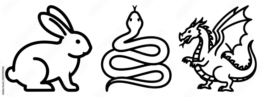 Obraz premium Chinese Zodiac animals vector set. Rabbit, snake and dragon symbols for horoscope and astrology in line art.
