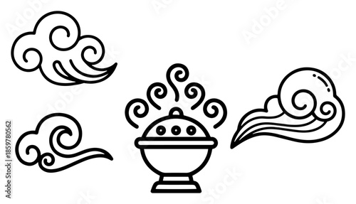 Traditional Chinese clouds and incense burner. Asian style decorative cloud patterns and censer with smoke vector illustration.