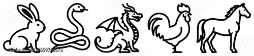 Chinese Zodiac animals vector set. Traditional astrology symbols including rabbit, snake, dragon, rooster and horse in line art.