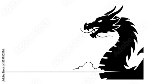 Dragon head rising from water vector silhouette. Asian mythological monster in sea landscape with copy space.