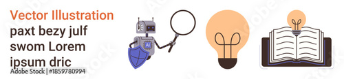 Artificial intelligence, education, problem-solving, learning, innovation, and technology. A robot with a shield, magnifying glass light bulb and open book. Artificial intelligence and education