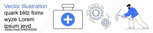 Medical services, engineering, manual labor, health care, teamwork, industrial design. Blue medical kit, interlocking gears worker using a pickaxe. Medical services and engineering concepts