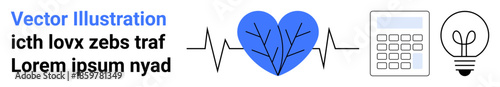 Healthcare, education, innovation, technology, problem-solving, creativity. A heartbeat line connects a blue heart, a calculator and a light bulb. Healthcare and innovation concept
