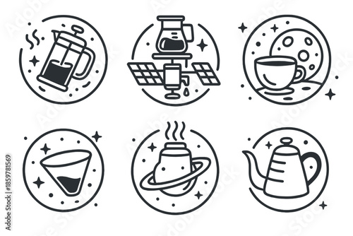 Space Coffee Icons. Line style circular vector icons of space brewing: coffee press in zero gravity, drip coffee on satellite,