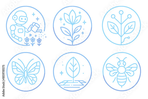 Futuristic Nature Icons. Line style circular vector icons of synthetic nature: robot watering glowing flowers, neon petal bloom,