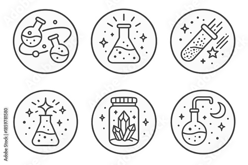 Cosmic Alchemy Icons. Line style circular vector icons of stellar alchemy: orbiting flasks, cosmic potion glow, meteor dust test