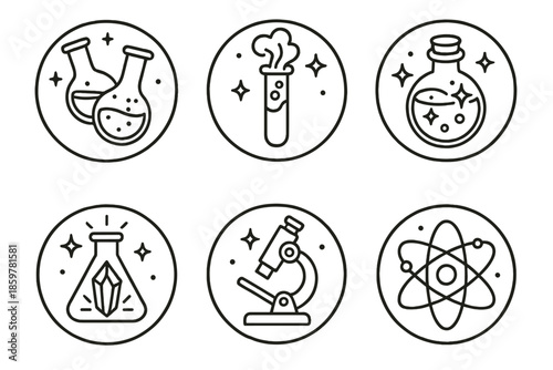 Alchemical Science Icons. Line style circular vector icons of alchemical science: floating chemical flasks with magical sparkles,