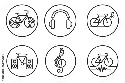 Musical Bicycle Ride. Line style circular vector icons of musical cycling: bicycle with vinyl record wheels, handlebar headphones,