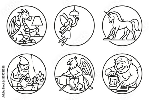 Fantasy Household Chores. Line style circular vector icons of fantasy household: dragon guarding lamp, fairy changing light bulb,