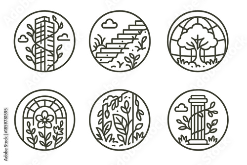 Eco Urban Icons. Line style circular vector icons of verdant design: skyscraper wrapped in vines, moss-covered steps, tree canopy