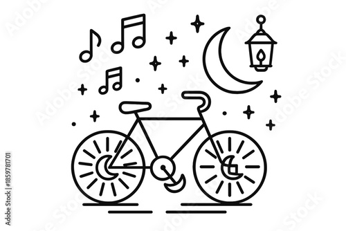 Night Ride Harmony. Line style icons of Night Ride Harmony: bicycle with moon-shaped pedals, floating music icons, glowing