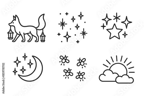 Luminous Journey Icons. Line style icons of Luminous Journey: fox carrying lanterns, sparkling night sky, floating stars, glowing