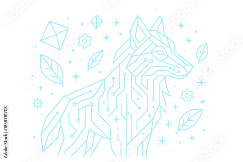 Futuristic Geometric Wolf. Line style icons of Futuristic Wildlife: geometric wolf with circuit patterns, glowing lines, floating