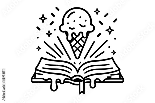 Melting Ice Cream Tales. Line style icons of Melting Stories: ice cream melting into book, glowing pages, floating sprinkles,