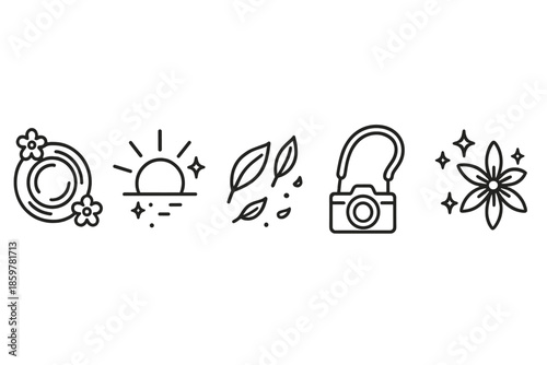Nature Photography Icons. Line style icons of Nature Photography: camera lens with tiny flowers, glowing sunbeam, floating leaves,