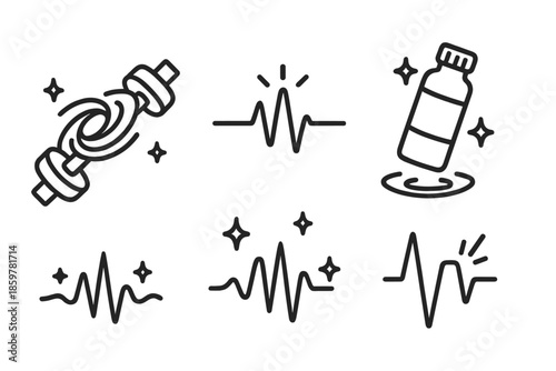 Galactic Fitness Icons. Line style icons of Galactic Strength: dumbbell with galaxy vortex, glowing heartbeat line, tiny floating