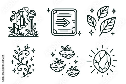 Cyber Nature Icons. Line style icons of Cyber Nature: ruins overgrown with plants, glowing neon signs, floating leaves, tiny