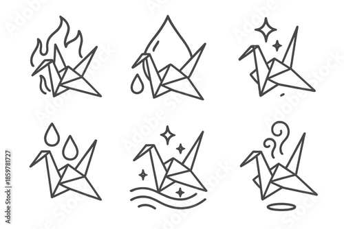 Elemental Origami Icons. Line style icons of Elemental Origami: paper cranes morphing between flames and water drops, glowing