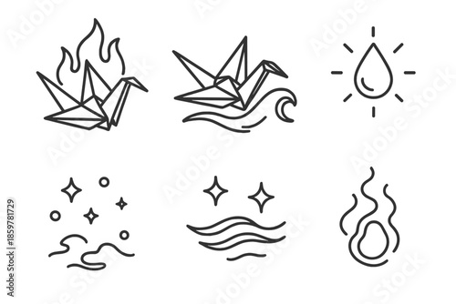 Mystic Paper Icons. Line style icons of Mystic Paper Flight: paper cranes as flames and water, glowing droplets, floating sparks,
