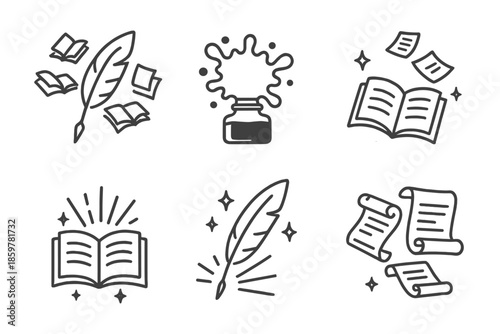 Writer's Universe Icons. Line style icons of Writer’s Universe: quill with floating books, glowing ink splashes, tiny hovering
