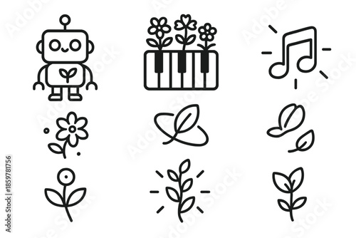 Garden Symphony Icons. Line style icons of Garden Symphony: robot, piano with flowers, floating blossom, glowing musical note,