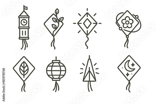 Lantern Icon Fantasy. Line style icons of Lantern Kites: clocktower, floating vine, glowing kite, orbiting blossom, levitating