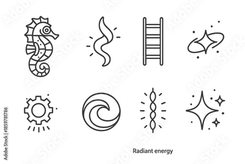 Skybound Seahorse Icons. Line style icons of Skybound Seahorse: mechanical seahorse, glowing ribbon, floating ladder, orbiting